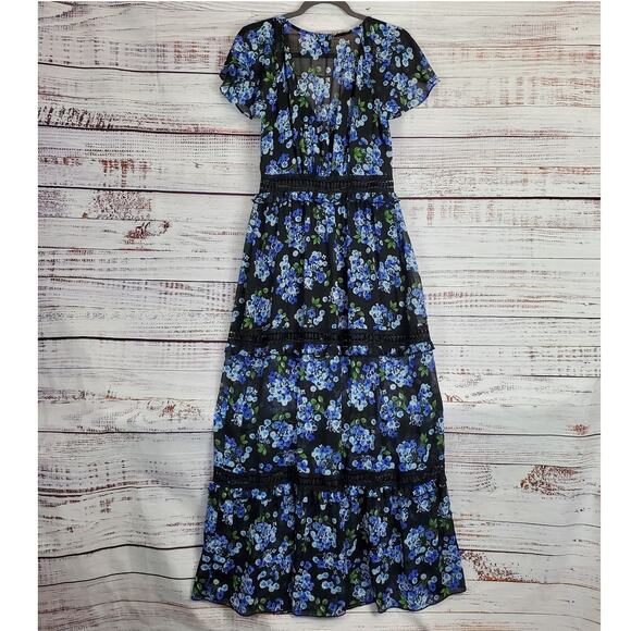 Disney Princess Mulan Cosplay Maxi Dress Blue Floral Ruffle Tier Crochet Flowy M - Picture 3 of 15